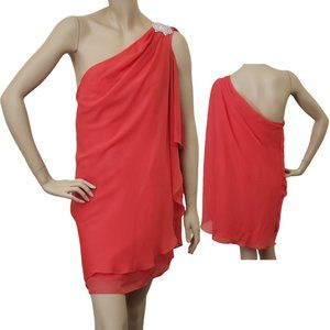 Sally USA Asymmetrical Brooch Scarf One Shoulder Chiffon Dress SZ XL Red